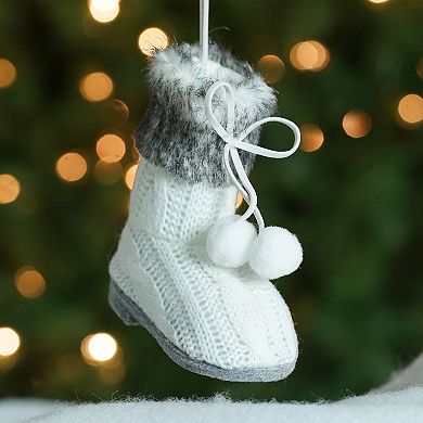 4.5" Winter's Beauty White and Gray Cable Knit Sweater Boot Christmas Ornament with Pom Pom Laces
