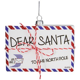 3.5" White Envelope "USPS Dear Santa" With Stripes Glass Christmas Ornament