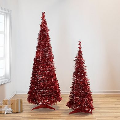 6' Red Tinsel Pop-Up Artificial Christmas Tree Unlit