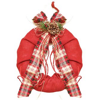 Red Plaid Bow and Pine Accents Artificial Christmas Wreath - 13-Inch Unlit