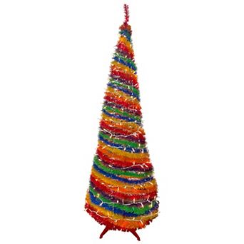 6' Pre-Lit Rainbow Tinsel Pop-Up Artificial Christmas Tree Clear Lights