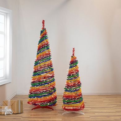 6' Pre-Lit Rainbow Tinsel Pop-Up Artificial Christmas Tree Clear Lights