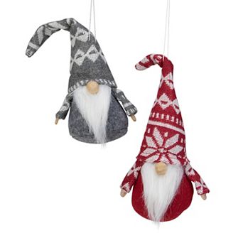 Set of 2 Red and Gray Gnomes with Nordic Hats Christmas Ornaments 7"