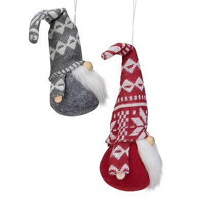 Set of 2 Red and Gray Gnomes with Nordic Hats Christmas Ornaments 7"