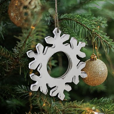7.25" Rustic White Embossed Snowflake with Mirror Medallion Christmas Ornament