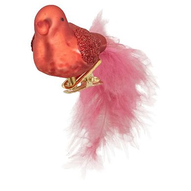 5.5" Red Bird with Pink Feather Tail Glass Clip On Christmas Ornament
