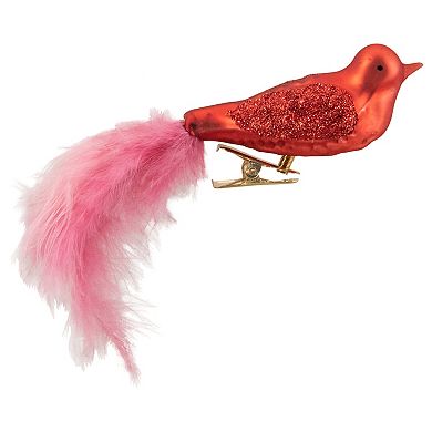 5.5" Red Bird with Pink Feather Tail Glass Clip On Christmas Ornament