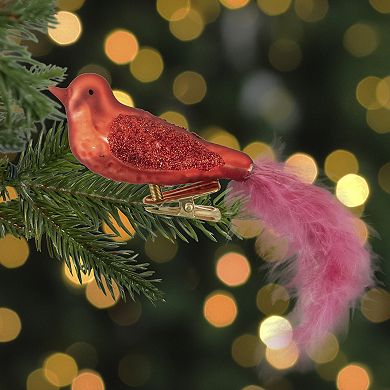 5.5" Red Bird with Pink Feather Tail Glass Clip On Christmas Ornament