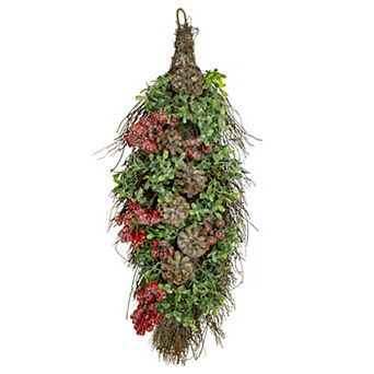 28" Glittered Pine Cone and Berry Artificial Teardrop Christmas Swag - Unlit