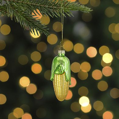 4" Yellow and Green Corn on the Cob Glass Christmas Ornament