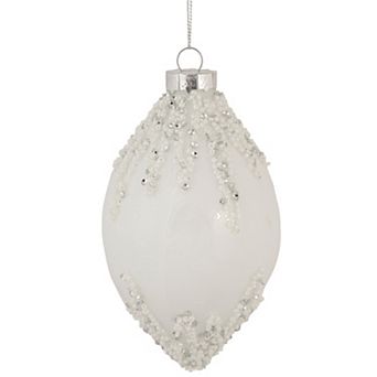5" White Beaded and Silver Sequins Christmas Glass Finial Ornament
