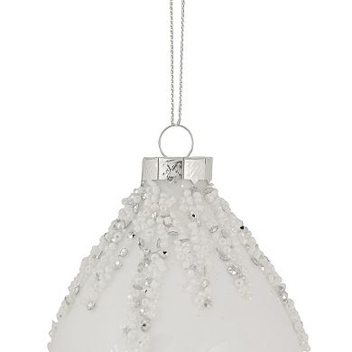 5" White Beaded and Silver Sequins Christmas Glass Finial Ornament