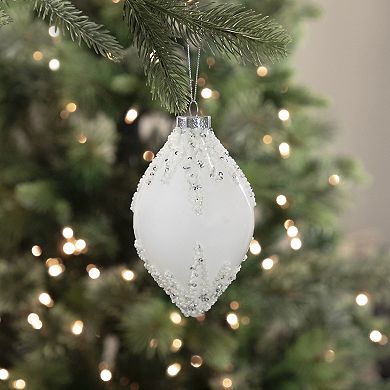 5" White Beaded and Silver Sequins Christmas Glass Finial Ornament