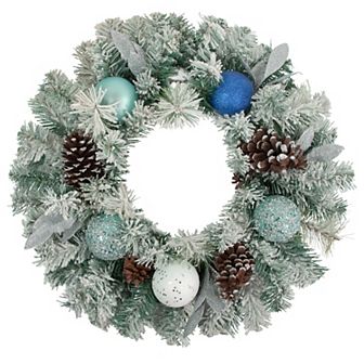 Flocked Pine with Blue and Silver Ornaments Artificial Christmas Wreath 24-Inch Unlit