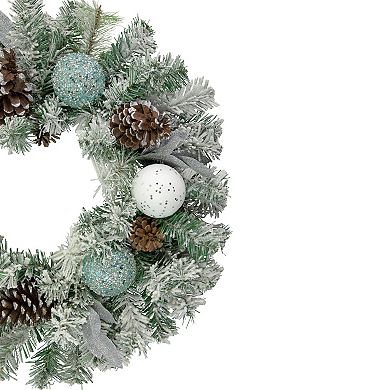 Flocked Pine with Blue and Silver Ornaments Artificial Christmas Wreath 24-Inch Unlit