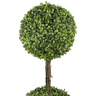 48" Two Tone Green Double Sphere Artificial Boxwood Topiary Potted Plant