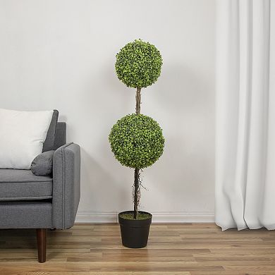 48" Two Tone Green Double Sphere Artificial Boxwood Topiary Potted Plant
