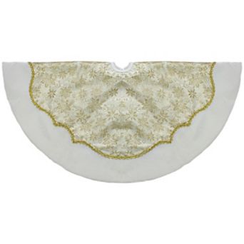 48-Inch Gold Poinsettia Glitter Christmas Tree Skirt with a Velvet Border