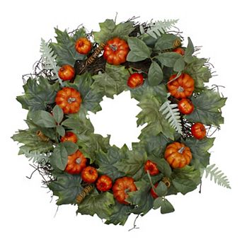 Maple and Fern Leaves with Pumpkins Artificial Wreath Orange 24-Inch
