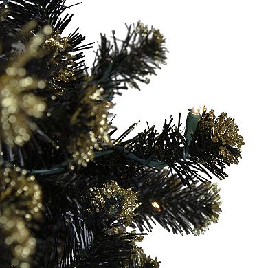 Pre-Lit LED Black Crystal Pine with Gold Glitter Artificial Christmas Tree - 7.5 ft Clear Lights