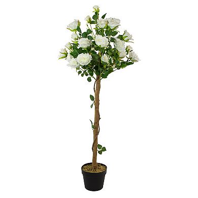 4' Green and White Potted Floral Artificial Rose Garden Tree