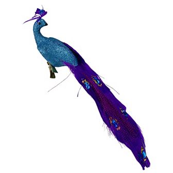 11" Purple and Blue Jeweled Peacock Bird Clip On Christmas Ornament