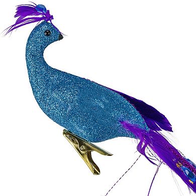 11" Purple and Blue Jeweled Peacock Bird Clip On Christmas Ornament