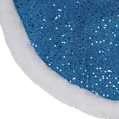 20" Blue Glittered Mini Christmas Tree Skirt with Faux Fur Trim