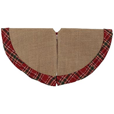 20" Rustic Burlap Mini Christmas Tree Skirt with Red Plaid Border