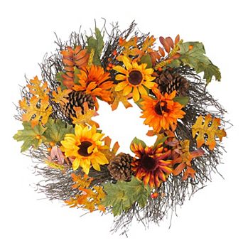 Sunflowers and Pine Cones Fall Artificial Thanksgiving Wreath 24-Inch Unlit