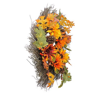 Sunflowers and Pine Cones Fall Artificial Thanksgiving Wreath 24-Inch Unlit