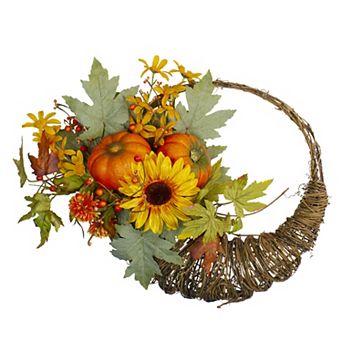 Cornucopia and Sunflower with Pumpkins Artificial Thanksgiving Wreath - 20-Inch Unlit