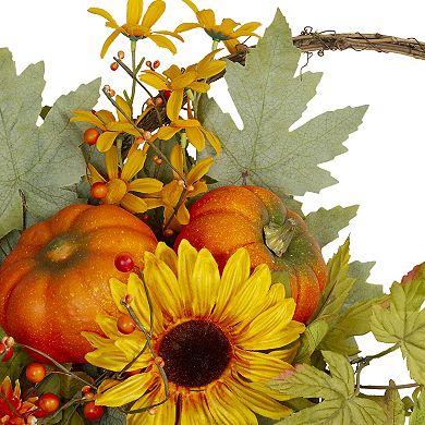 Cornucopia and Sunflower with Pumpkins Artificial Thanksgiving Wreath - 20-Inch Unlit
