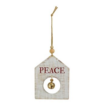 8" White Wooden "Peace" With Gold Bell Christmas Ornament