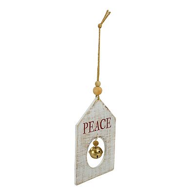 8" White Wooden "Peace" With Gold Bell Christmas Ornament