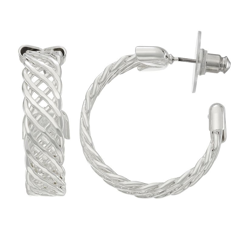 Napier Silver Tone Rope Textured C Hoop Earrings, Womens