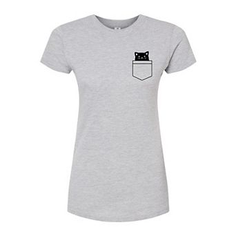 Juniors' Small Black Cat In Pocket Fitted Graphic Tee