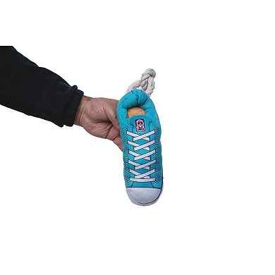 Squeaking Comfort Plush Sneaker Dog Toy Rope, Squeaker & Treat Compartment Blue