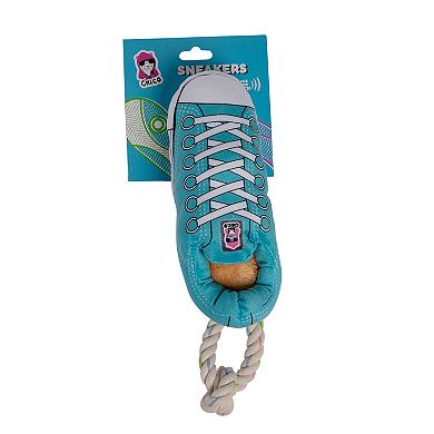 Squeaking Comfort Plush Sneaker Dog Toy Rope, Squeaker & Treat Compartment Blue