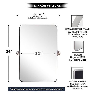 ANDY STAR 22 x 34 Inch Rectangular Tilting Modern Vanity Mirror, Brushed Nickel