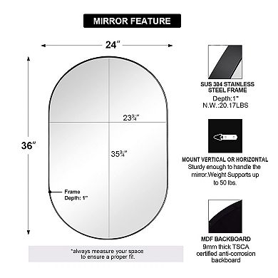 ANDY STAR 24 x 36 Inch Oval Hanging Deep Metal Frame Wall Mirror, Matte Black