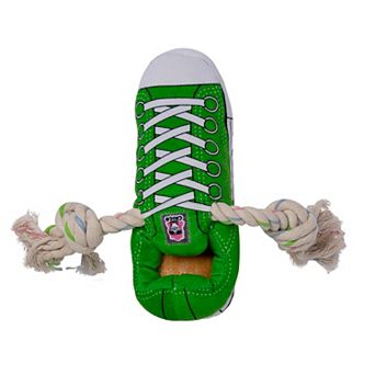 Squeaking Comfort Plush Sneaker Dog Toy Rope, Squeaker & Treat Compartment Green