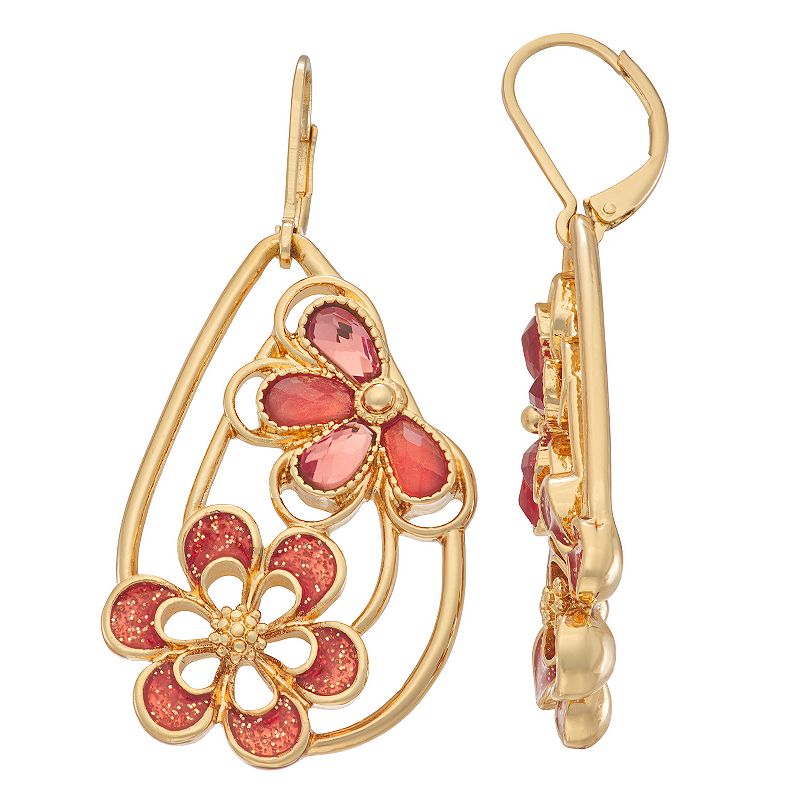 Napier Gold Tone Simulated Crystal Enameled Flower Drop Earrings, Womens, 
