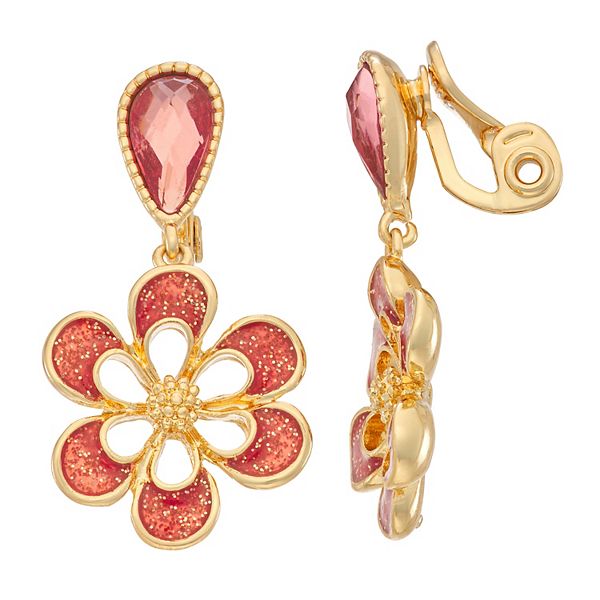 Napier Gold Tone Simulated Crystal Enameled Flower Clip On Drop Earrings 