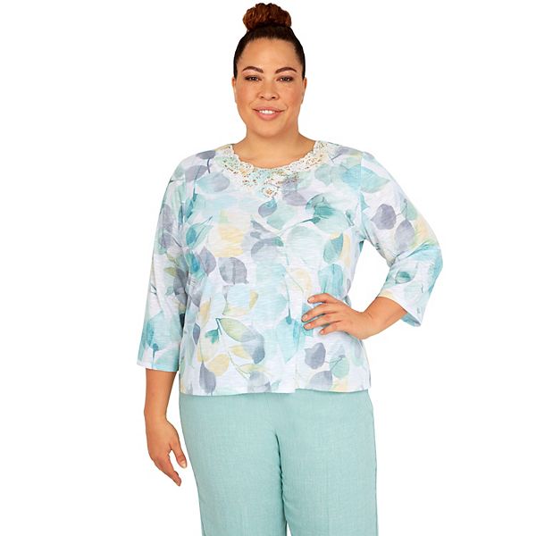 Plus Size Alfred Dunner Lady Like Watercolor Lace Neck Burnout Top