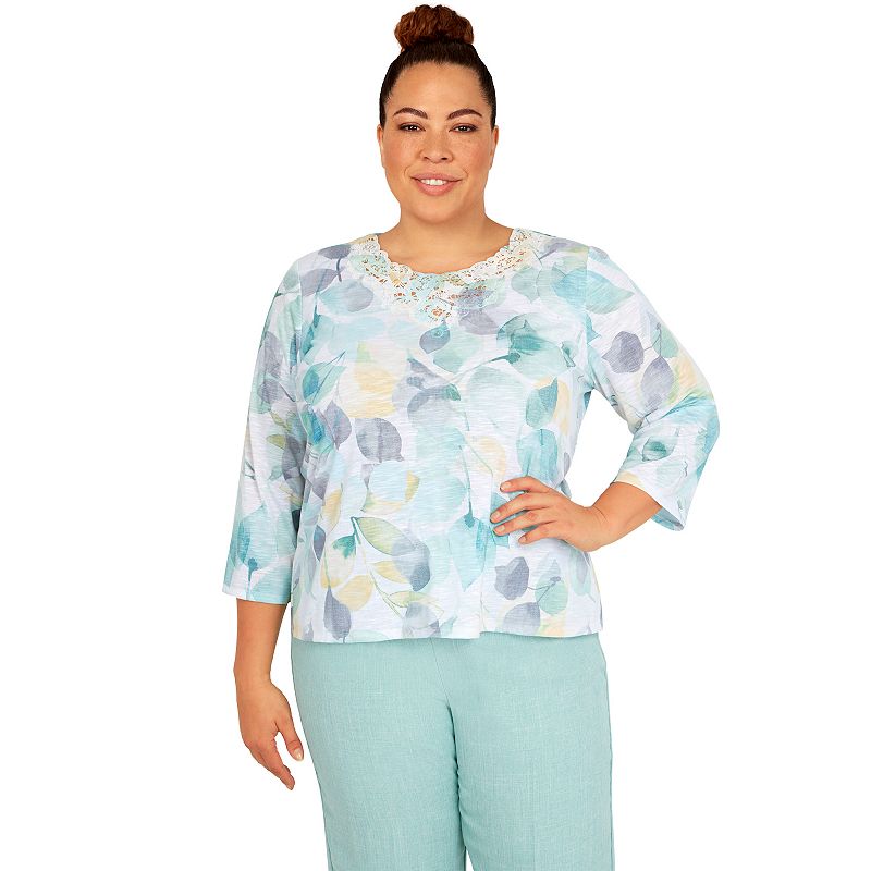Plus Size Alfred Dunner Lady Like Watercolor Lace Neck Burnout Top, Womens