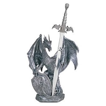 FC Design 10"H Medieval Silver Dragon with Shield and Sword Guardian Statue Fantasy Decoration Figurine Home Room Decor