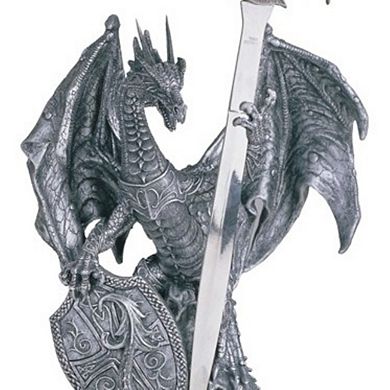 FC Design 10"H Medieval Silver Dragon with Shield and Sword Guardian Statue Fantasy Decoration Figurine