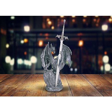 FC Design 10"H Medieval Silver Dragon with Shield and Sword Guardian Statue Fantasy Decoration Figurine