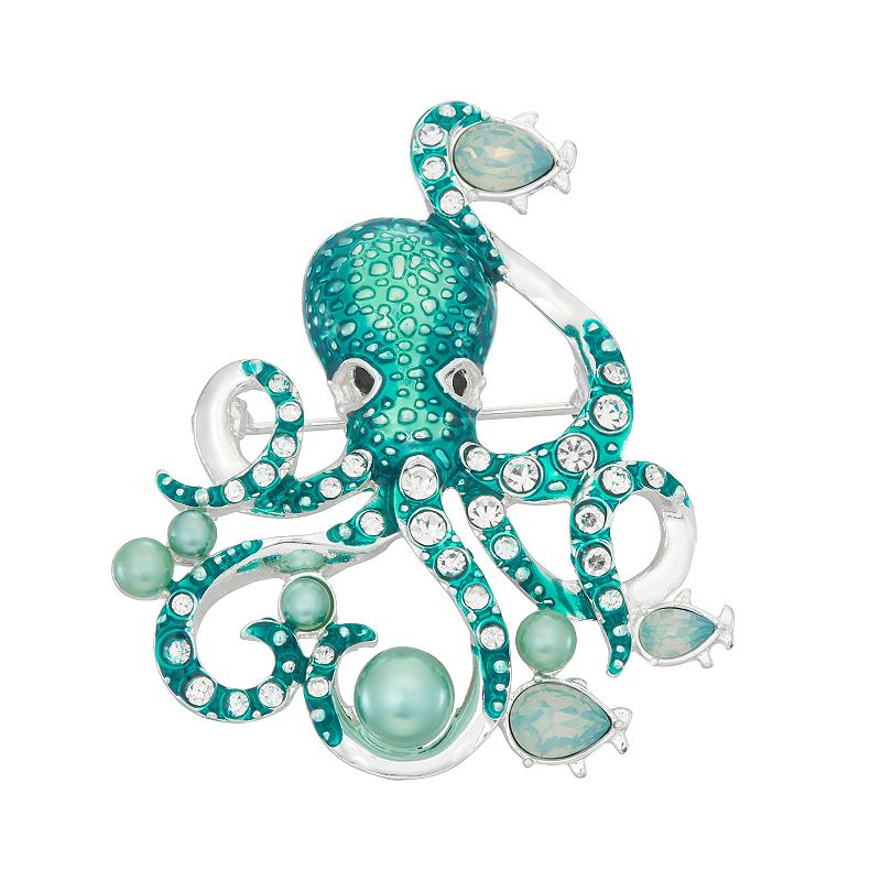 Napier Silver Tone Simulated Pearl & Crystal Octopus Pin, Womens, Green